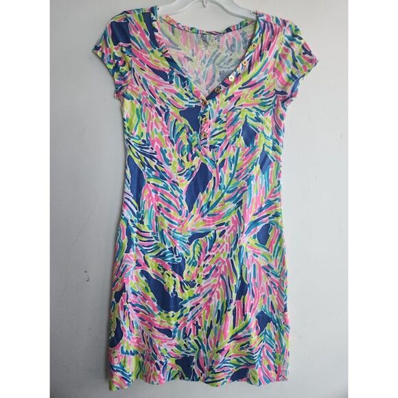 Lilly Pulitzer "Palmira" Pink Blue Palm Reader Pasley Cotton V-Neck Dress sz XS - Picture 2 of 11